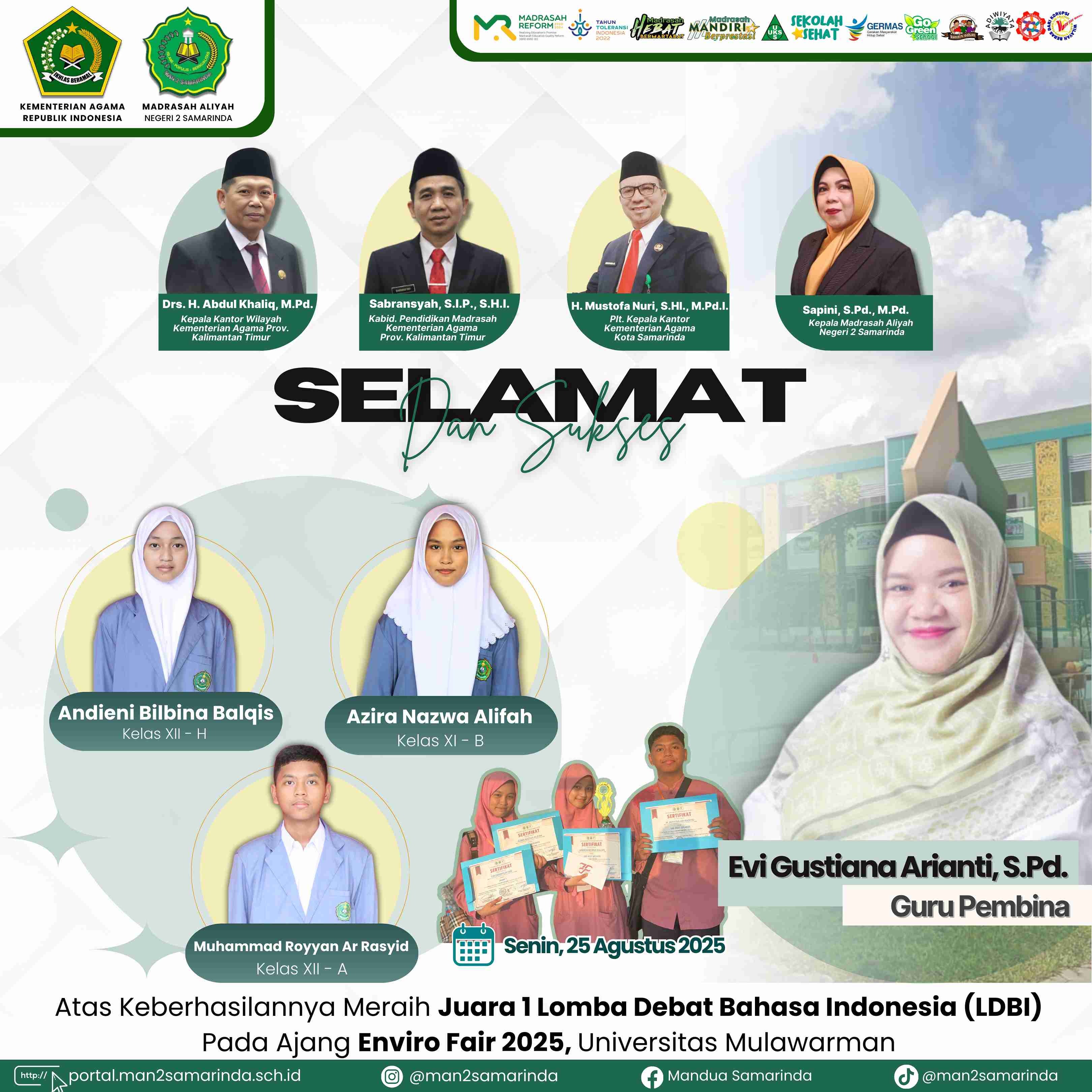 Gelar Juara Debat Bahasa Indonesia Enviro Fair 2025 Unmul Diraih Tim Debat MAN 2 Samarinda